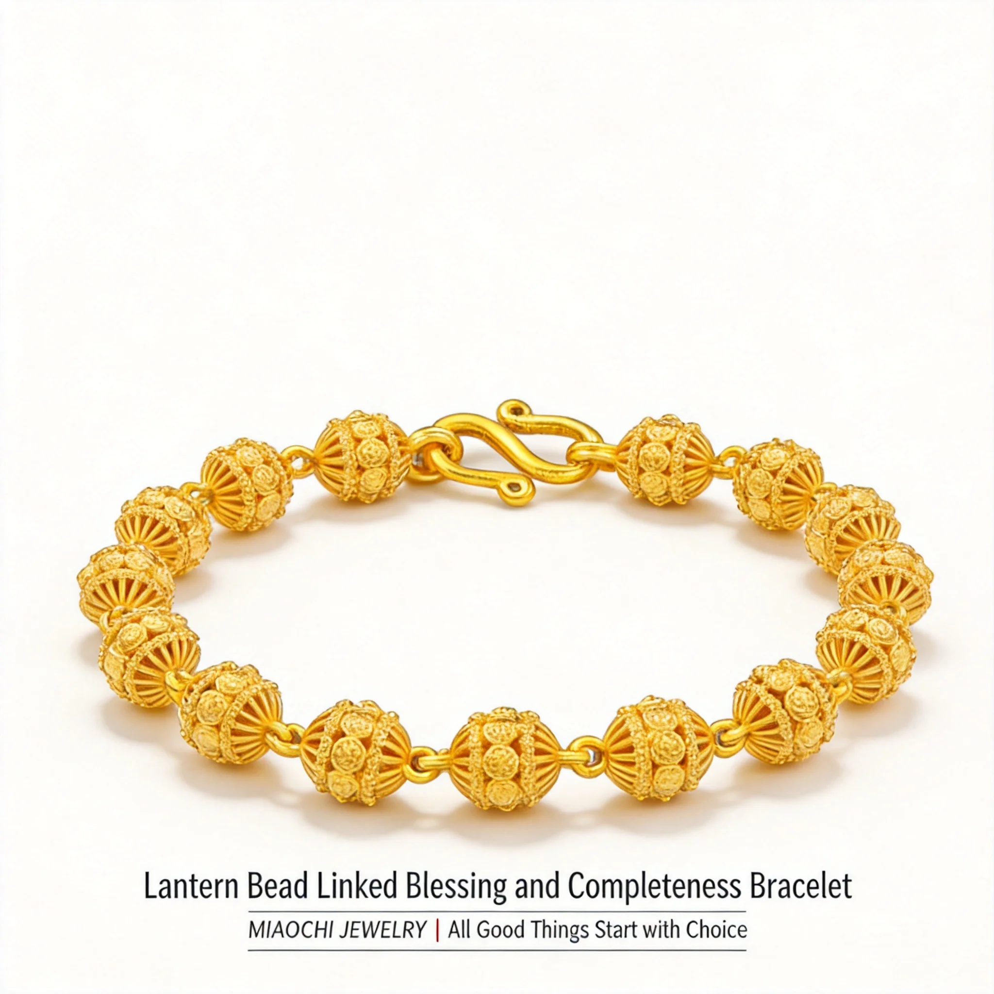 Chinese Style Lucky Blessing Gold Color Filigree Lantern Bead Bracelet For Women Men Vintage Hollow Hydrangea Beaded Chain High