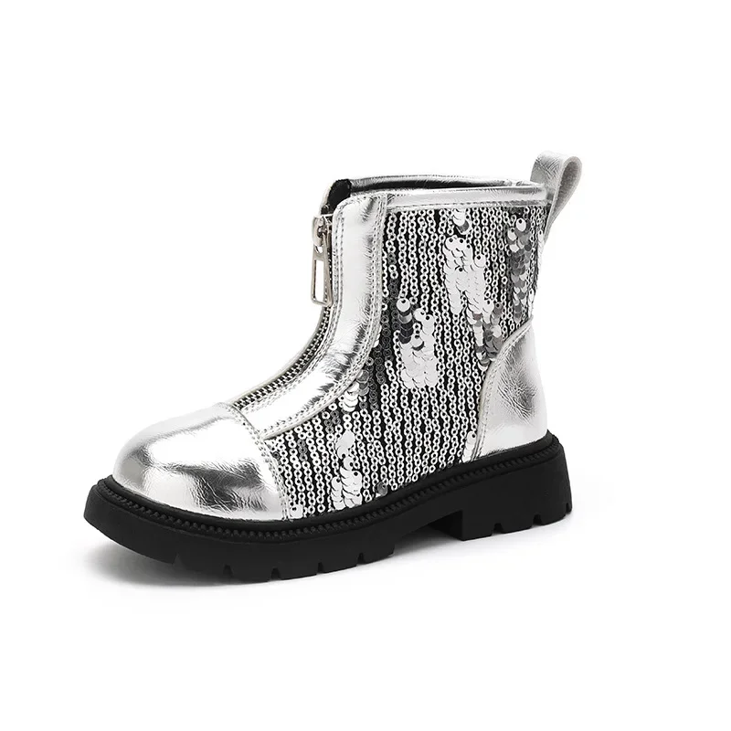 New Spring Autumn Girl\'s Ankle Boot Sequins Versatile Kids School Black Boots Fashion Causal Children Patchwork Leather Boots