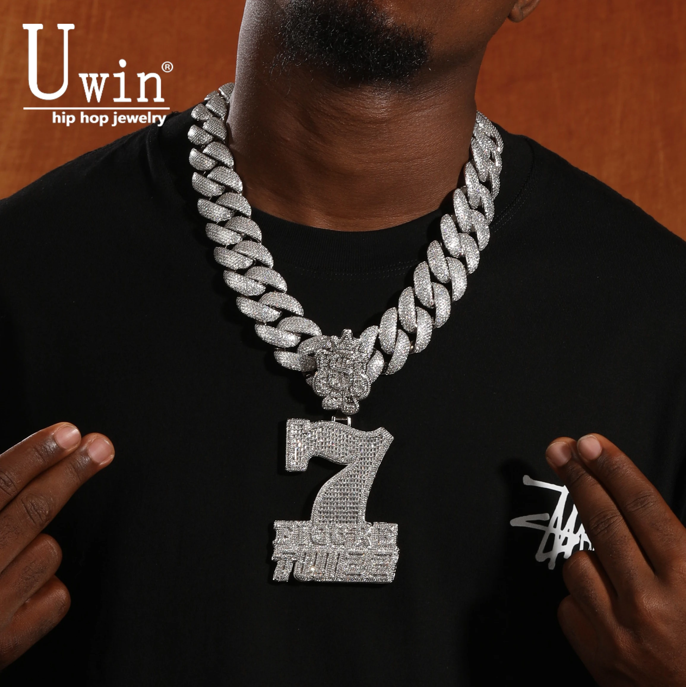 Uwin Huge Number 7 Figures Twizz Charm Pendant Crown $ Bail Micro Paved Out CZ Pendant Necklace For Gift Hiphop Punk Jewelry