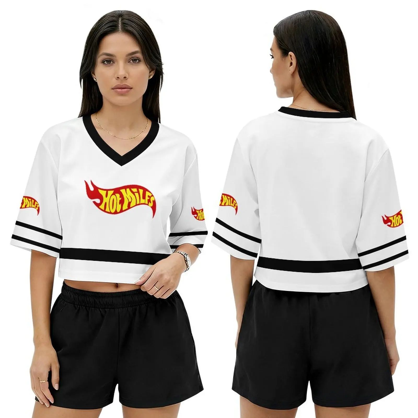 Women's Y2K Crop Top Jersey Hip Hop Plain Football Jersey V Neck Short Sleeve Tee