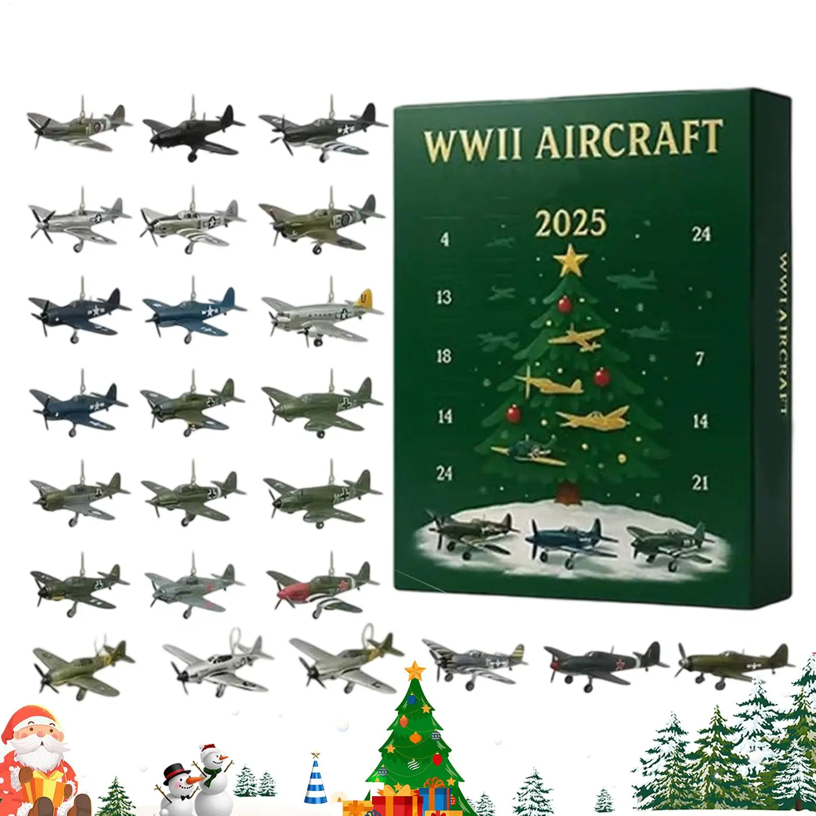 24 Tage Flugzeugkalender Advent Weihnachts-Countdown-Kalender mit 24 2D Warbirds Weihnachtsanhänger Acryl dekorativer Charme