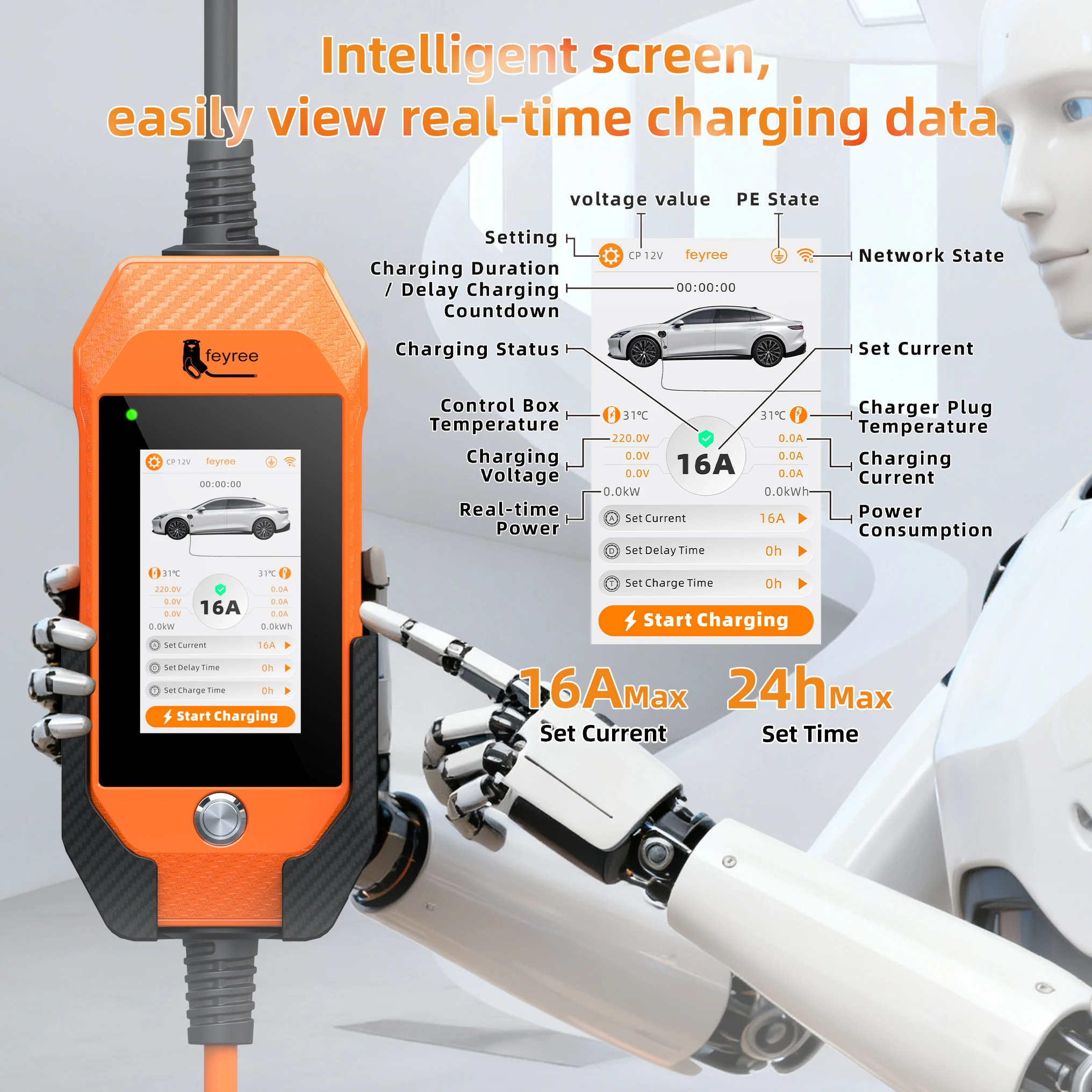 شاحن feyree GB/T EV 16A 3.5kW 1Phase 4.3 بوصة تعمل باللمس وتطبيق ذكي إصدار OTA تيار قابل للتعديل لشاحن السيارة الكهربائية #3