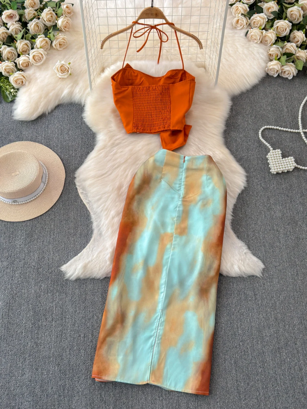 

Summer Dopane adient Orange Tie Dye ter Ne Skirt with Knot Design Two Piece Set Long Skirt Faionable Women's...