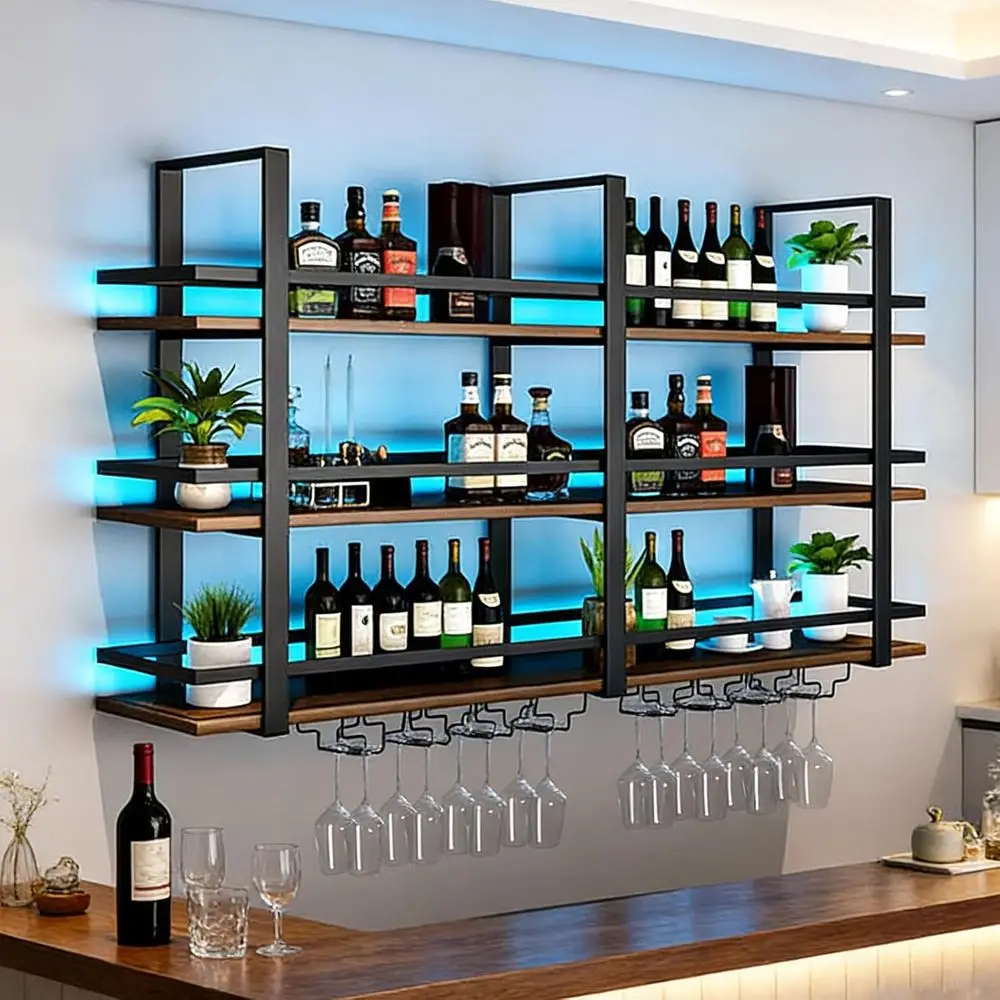 

39.4in Wall-Mounted Wine Rack with LED Light, 3-Tier Metal Shelving, Glass Holder for Bar, Dining, Kitchen