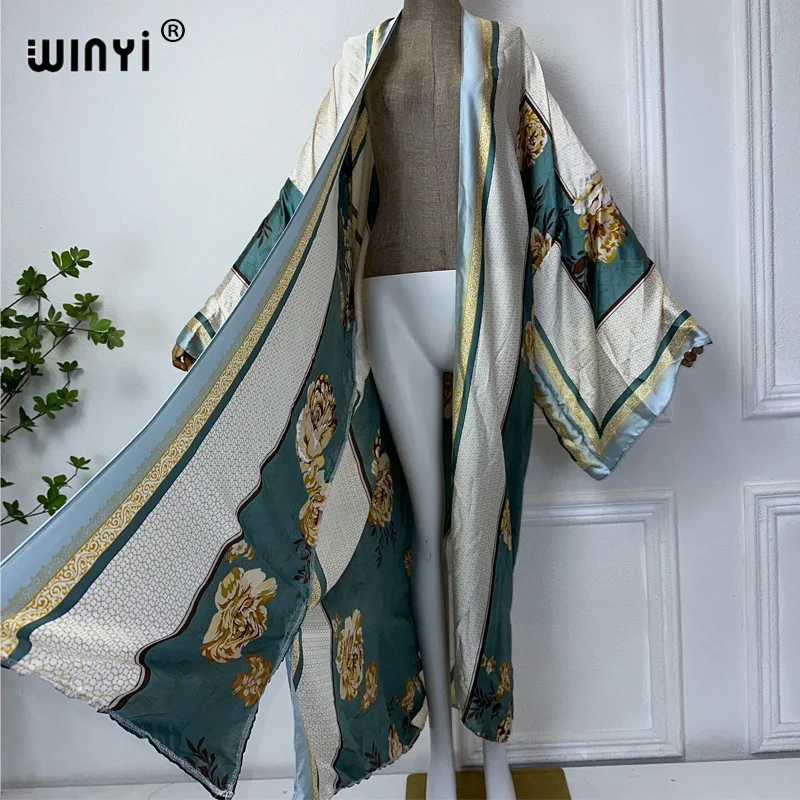 WINYI kimono estivo boho print beach wear donna costume da bagno elegante donna africana boho Cardigan sexy Holiday silk feeling dress