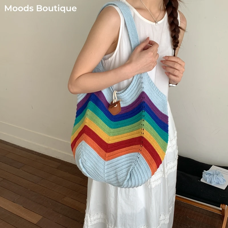 

Rainbow Color Big Tote Bags For Women Woolen Knitted Big Capacity Shopper Shoulder Hobo Bag 2026 Summer New University Book Bags
