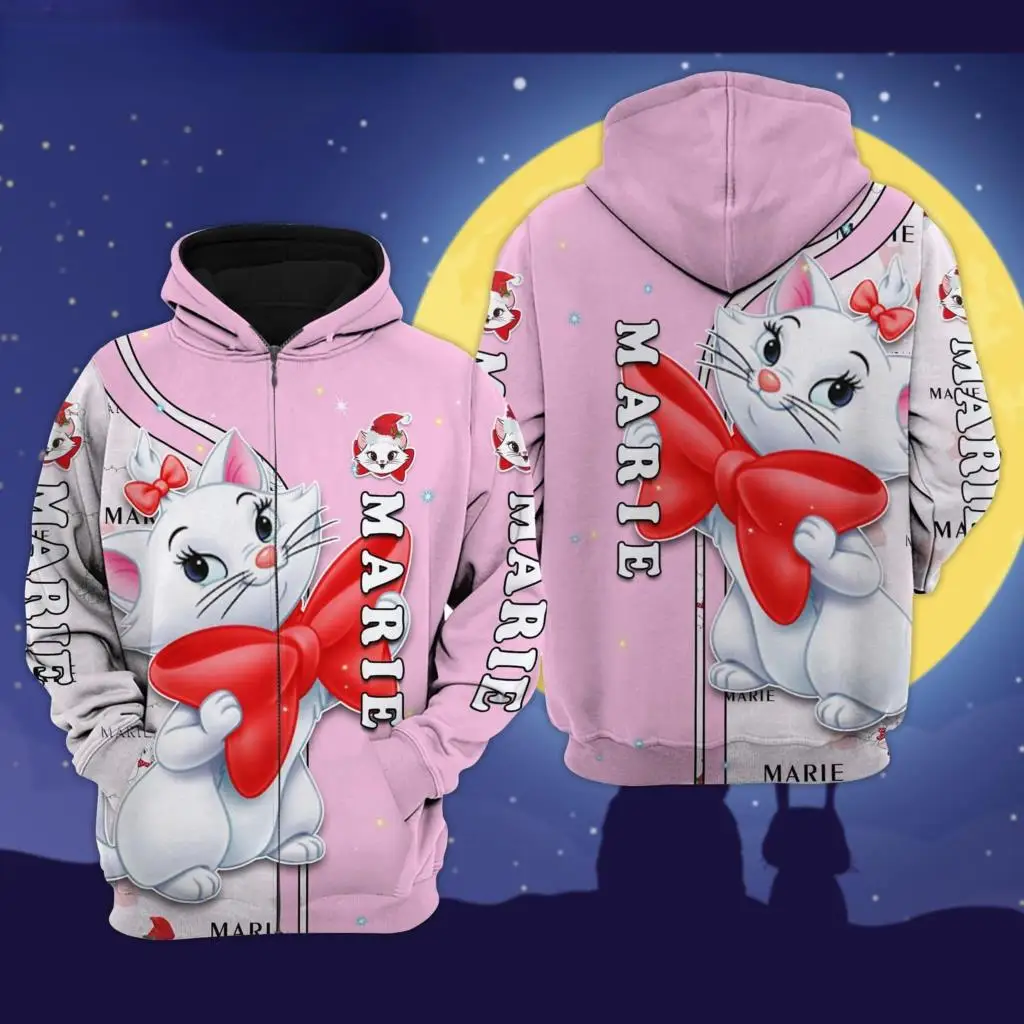 Marie Cat Pink Christmas Disney Cartoon 3D Hoodie Zip Hoodie