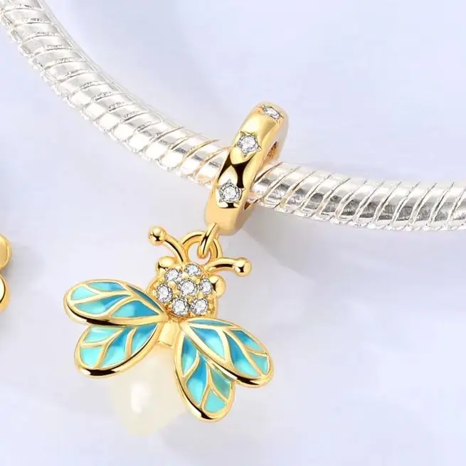 

925 Sterling Silver Originales Firefly Gold Charm Luminous Pendant Fit Bracelet Necklace Making Woman Jewelry