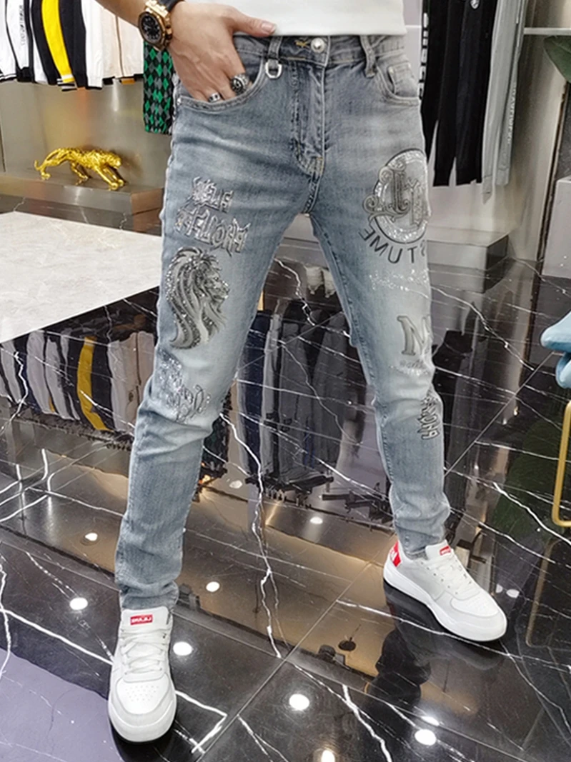 

Heavy Duty Rhinestone Printed Casual Men's Jeans Slim Fit Long Pants Spring Summer Fashion Brand Breathable Comfortable Soft