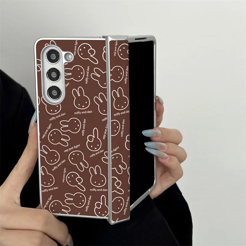 

Minimalist Miffy Line Art Magnetic Phone case For Samsung Galaxy Z Fold 4 5 6 7 Brown Hard Protective Cover Galaxy W26 5G For Ma