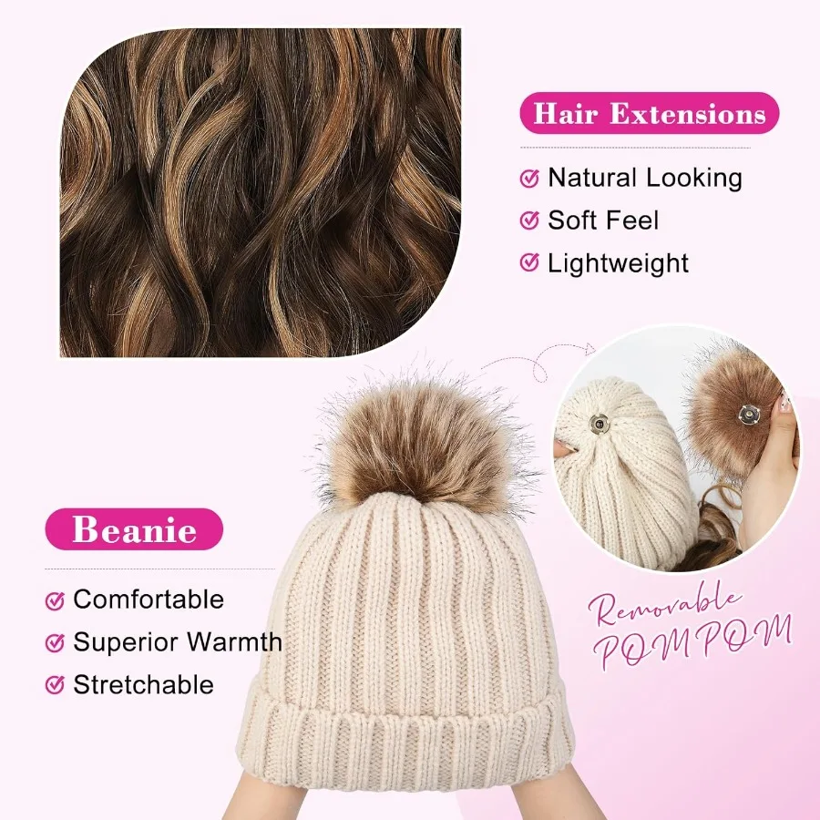 REECHO قبعة شعر مستعار مع 12 وصلات شعر متموجة للشاطئ قبعة محبوكة دافئة مع قطعة شعر صناعية للنساء قبعة بيج حواجب داكنة