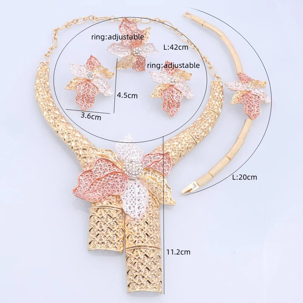CYNTHIA Dubai Jewelry Gift Elegant Women Flower Shape Necklace African Bridal Wedding Bracelet Earrings Ring Jewelry Set