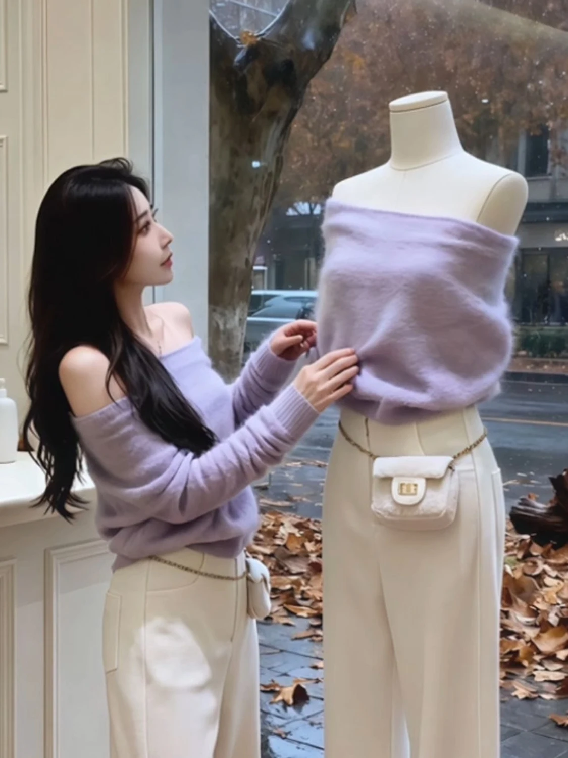 

Soft Purple One-Shoulder Knitted Sweater Women's Fashion Spring 2026 French Style Gentle Wind Shoulder High-End Feeli...