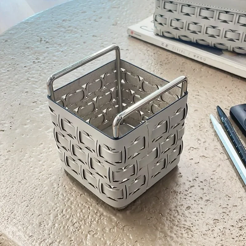 Creative Leather Storage Baskets Desk Storage Baskets Pencils Makeup Brush Box Remote Control Holder Mini Organizing Basket Home