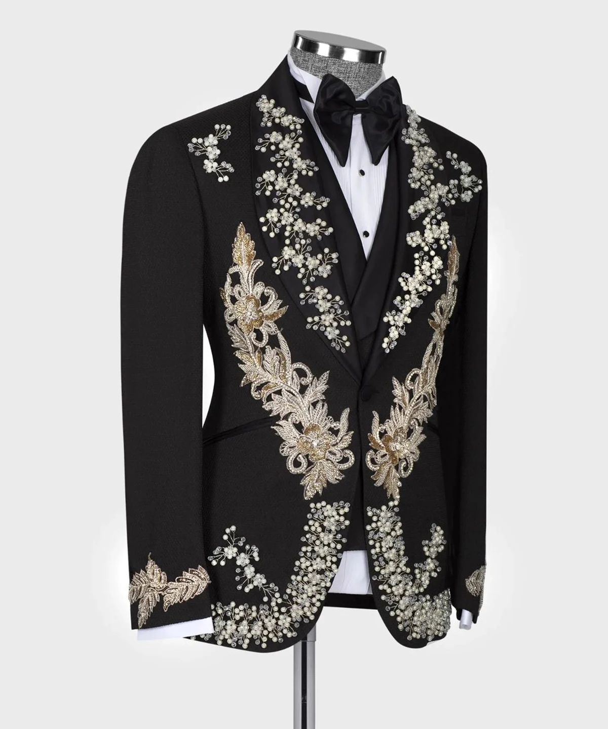 Costumes de mariage de luxe pour hommes, Tuxedos 3D, Demandeurs de fleurs, Revers châle de perles, Poches à un bouton, Marié personnalisé, 1 pièce sur mesure