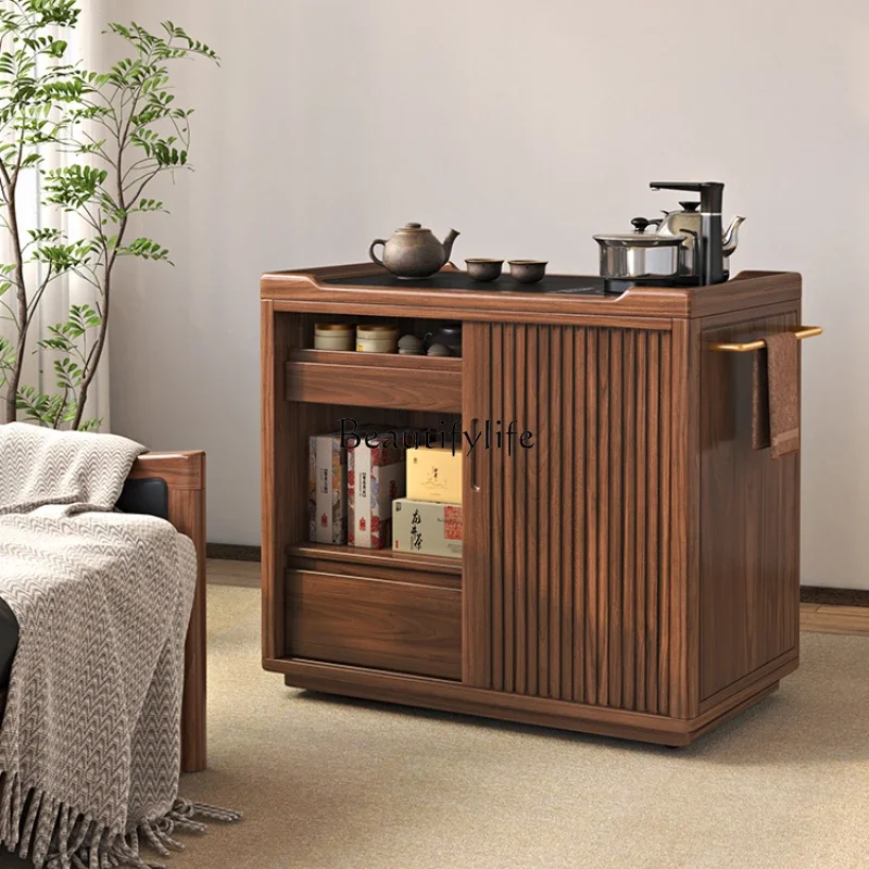 

pg45Nordic solid wood tea cabinet kettle integrated simple modern small tea table with wheels