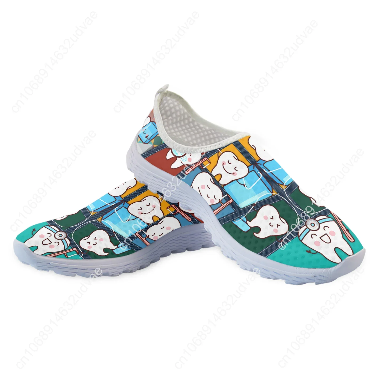 Funny Cartoon Teeth Print Women Summer Mesh Shoes White Soft Sole Brand Slip On Casual Sneakers Zapatos Planos