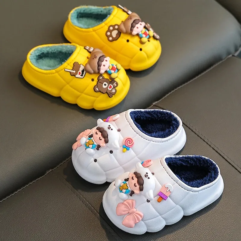 Blaue Babi Winter Fell verstopft Kinder Hausschuhe für Mädchen Indoor Outdoor Panto letten Schuhe Kinder wasserdichte Loafer Slipper Flip Flops