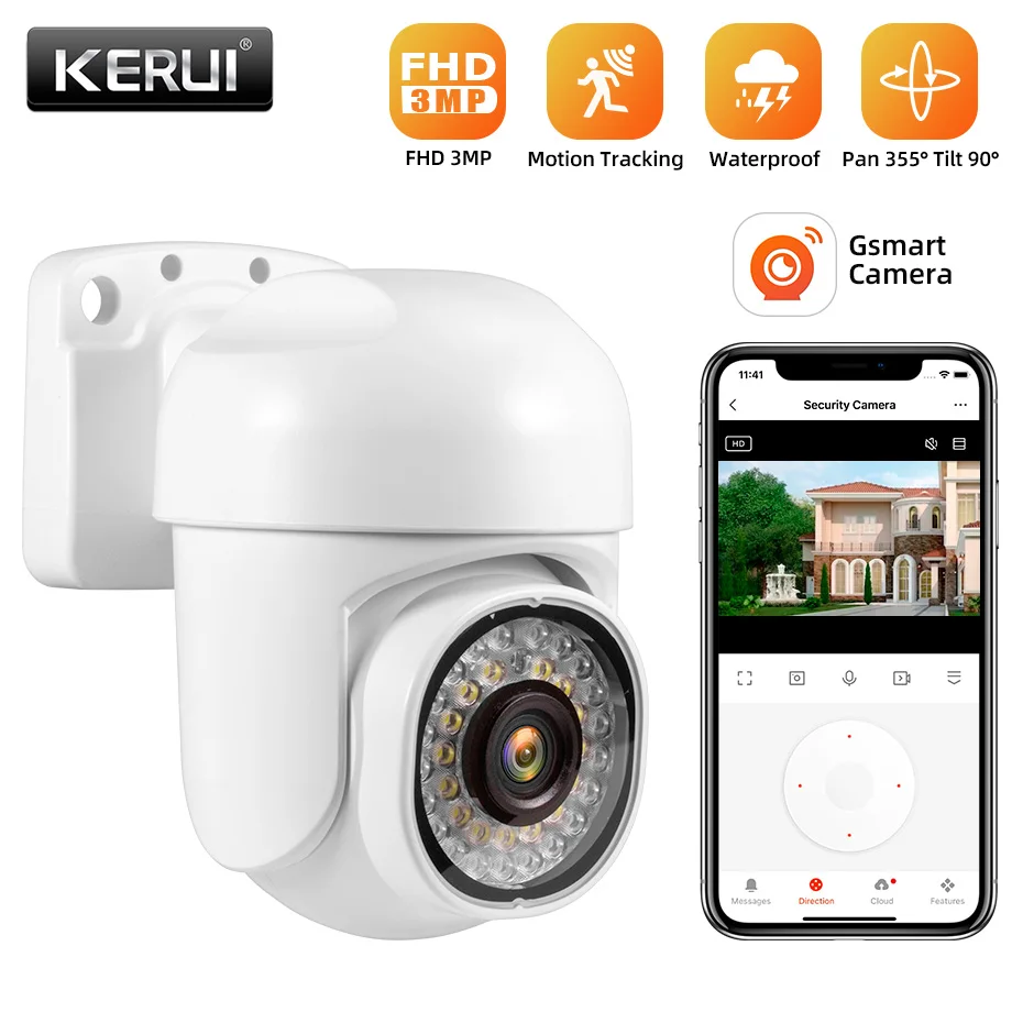 KERUI 3MP WIFI IP Camera PTZ Outdoor Motion Detection Auto Tracking  APP Push 21 infrared LED Smart Night Vision Security Camera