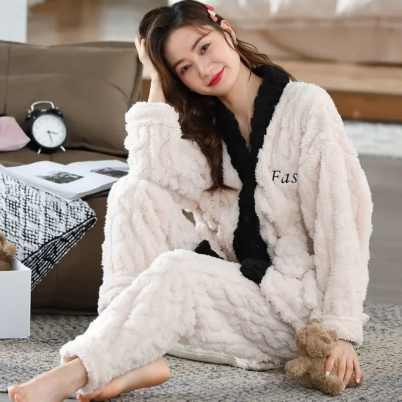 2023 New Coral Velvet Pajamas for Women Autumn Winter Plush Thickened Loungewear Student Cute Cardigan Flannel Warm Homewear