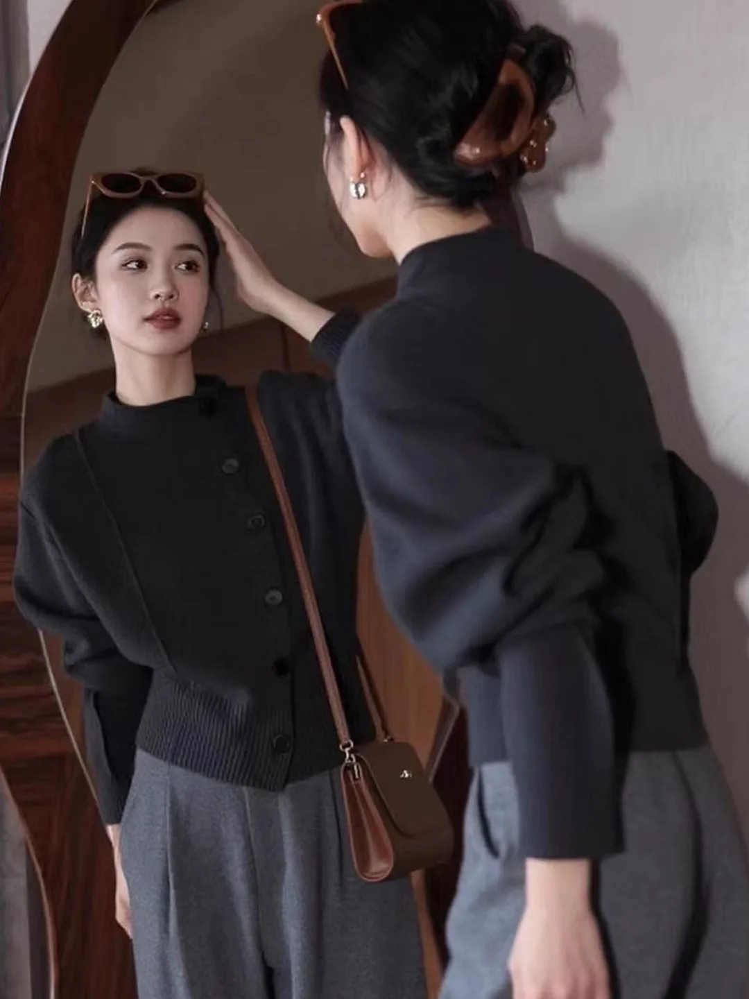 

Loose Knitted f-High Collar Open Cardigan Women's Winter Thiened Deep ey Single-Button Sweater French Sle Casual Wear