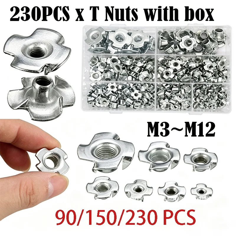 230PC M3~M12 Zinc Plated Four Claws Nut Speaker T-nut Assortment Blind Pronged Insert Tee Nut Furniture Hardware Four Claw Nut