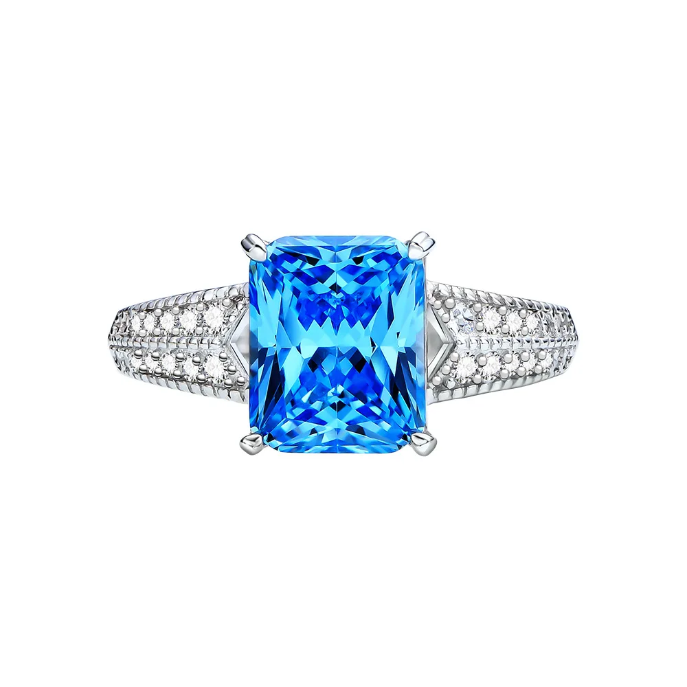 

5.6 Carat Aquamarine High Carbon 8*10 mm Ice Flower Cut Diamond 925 Sterling Silver Ring