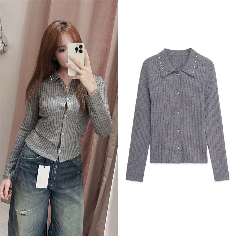 

Женская куртка, осень 2024, новый стиль, серый вязаный кардиган с длинными рукавами, украшенный украшением, пальто, повседневная мода, универсальный