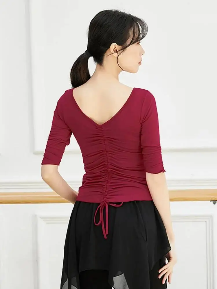 Damska koszulka do tańca klasycznego z dekoltem w serek, sznurkiem, krótkim rękawem, jednolity kolor, kostium, chiński ludowy strój sceniczny, na próbki i ćwiczenia.