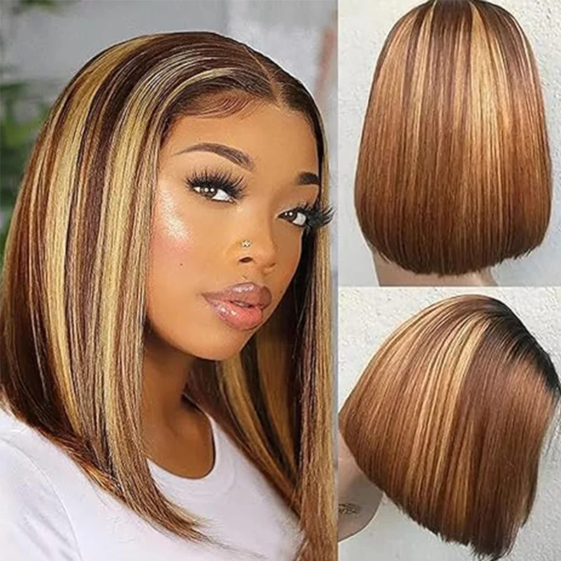 

4/27 Ombre Short Bob Wig 13x4 HD Lace Frontal Wig Human Hair Pre Plucked 150% Density Honey Bob Human Hair for Black Women