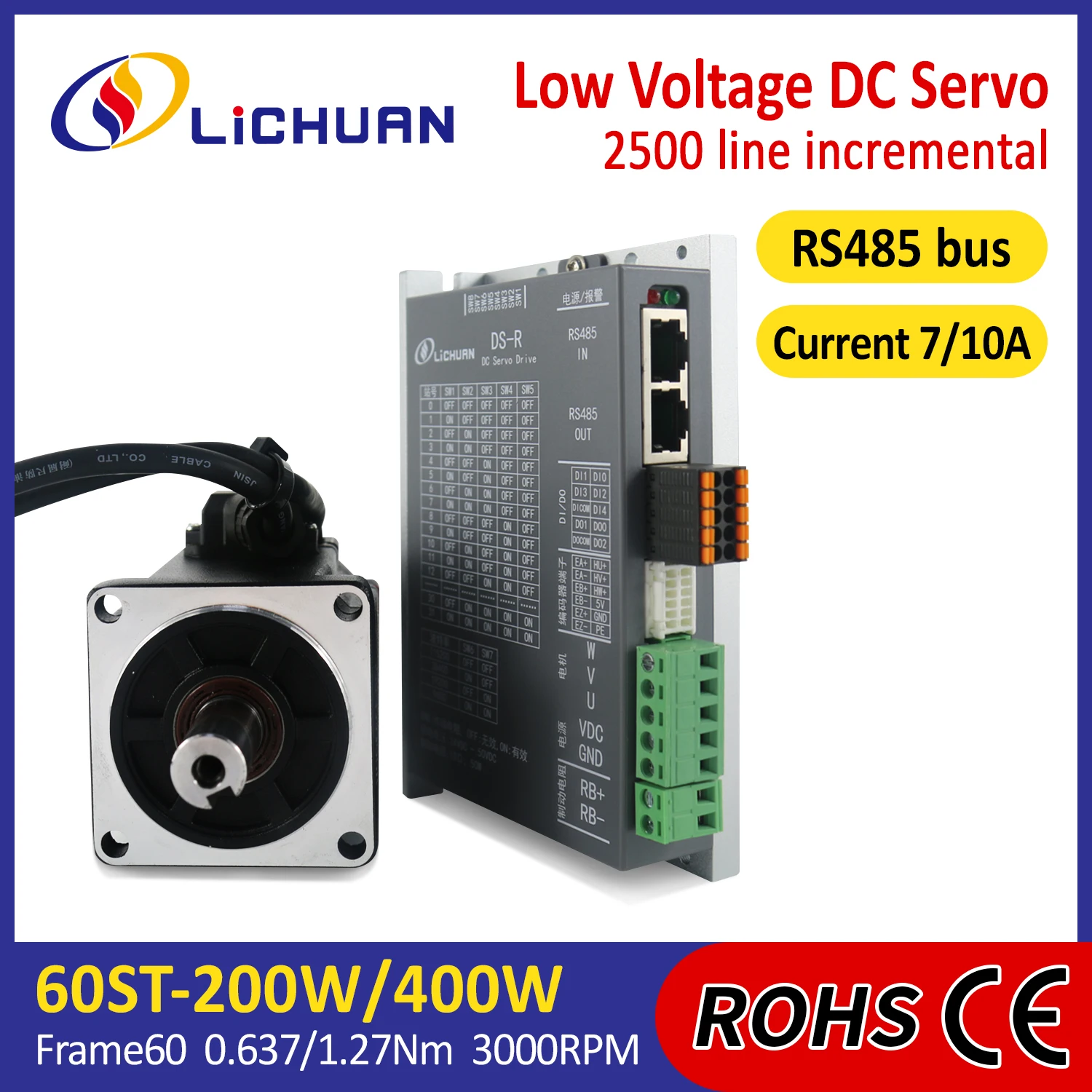 Lichuan DS-R LowVoltage 200/400W Servo Motor Controller 48V 6/10A 3000RPM 0.637/1.27N.m DC Servo Motor Drivers Kit for Automated