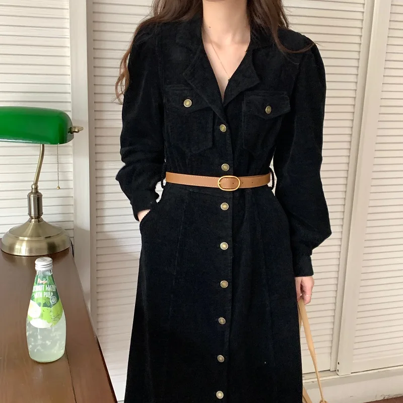 Women Autumn Elegant Long Corduroy Shirt Dress with Belt 2022 Female Full Sleeved Single Breasted Slim Waist A-line Midi Dresses