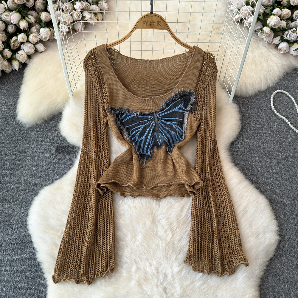 

Lady Winter Knit Hot Top Shirts Tees Female Butterfly Patchwork Distressed Vintage Pullovers Women Trendy Ins Chic Festival Tops