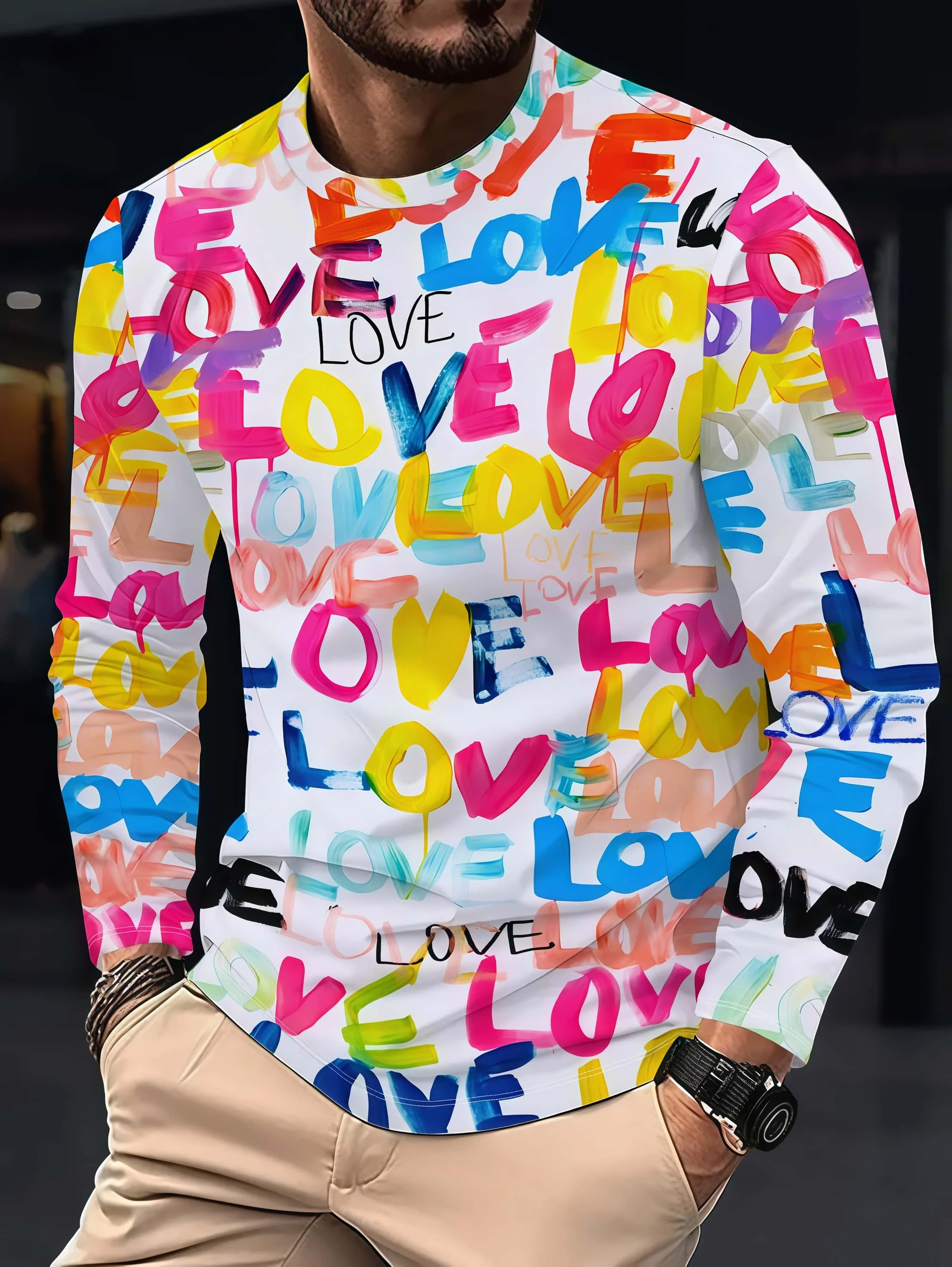 Ins Style Colorful Hand-painted LOVE Text 3D Printed Round Neck Long Sleeved Couple Style Trendy Contrasting Graffiti Versatile view 3