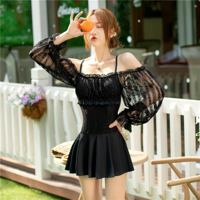 Swimwear Women One Piece Suit Solid High-Waist Long Sleeve Lace Slim Skirt Swimsuit Beach Halter Sexy Bikini 2024 Trend Summer