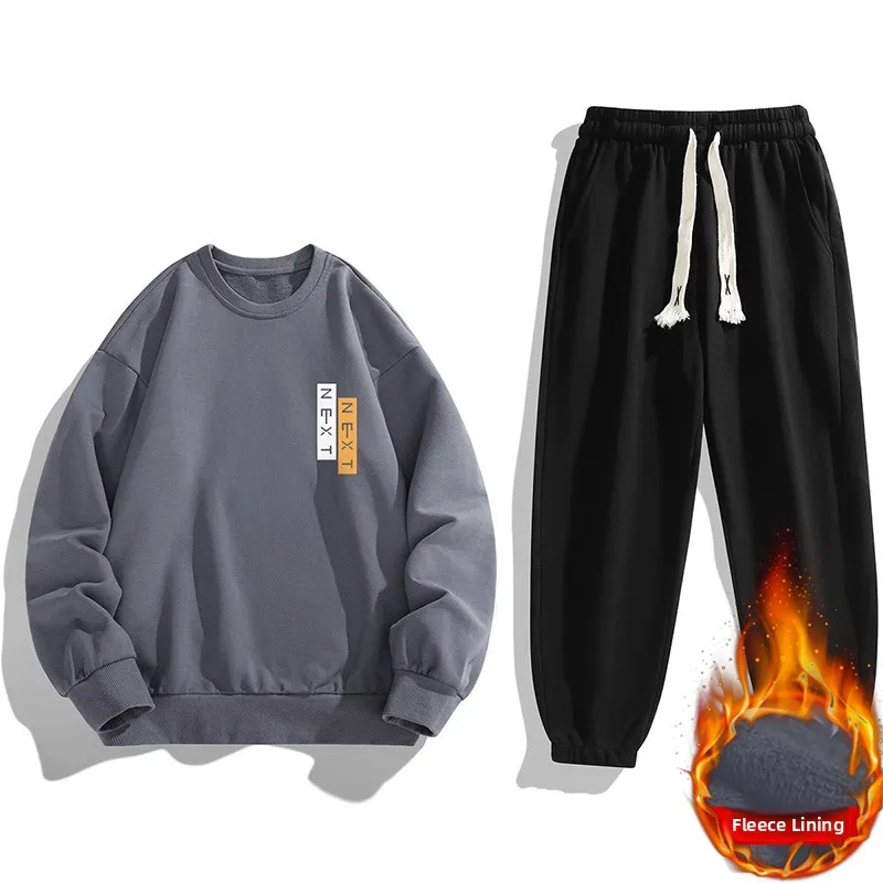 

Спортивные штаны с принтом на подкладке большого размера и комплект с капюшоном для молодых мужчин, осенне-зимняя повседневная спортивная одежда, комплект из двух предметов