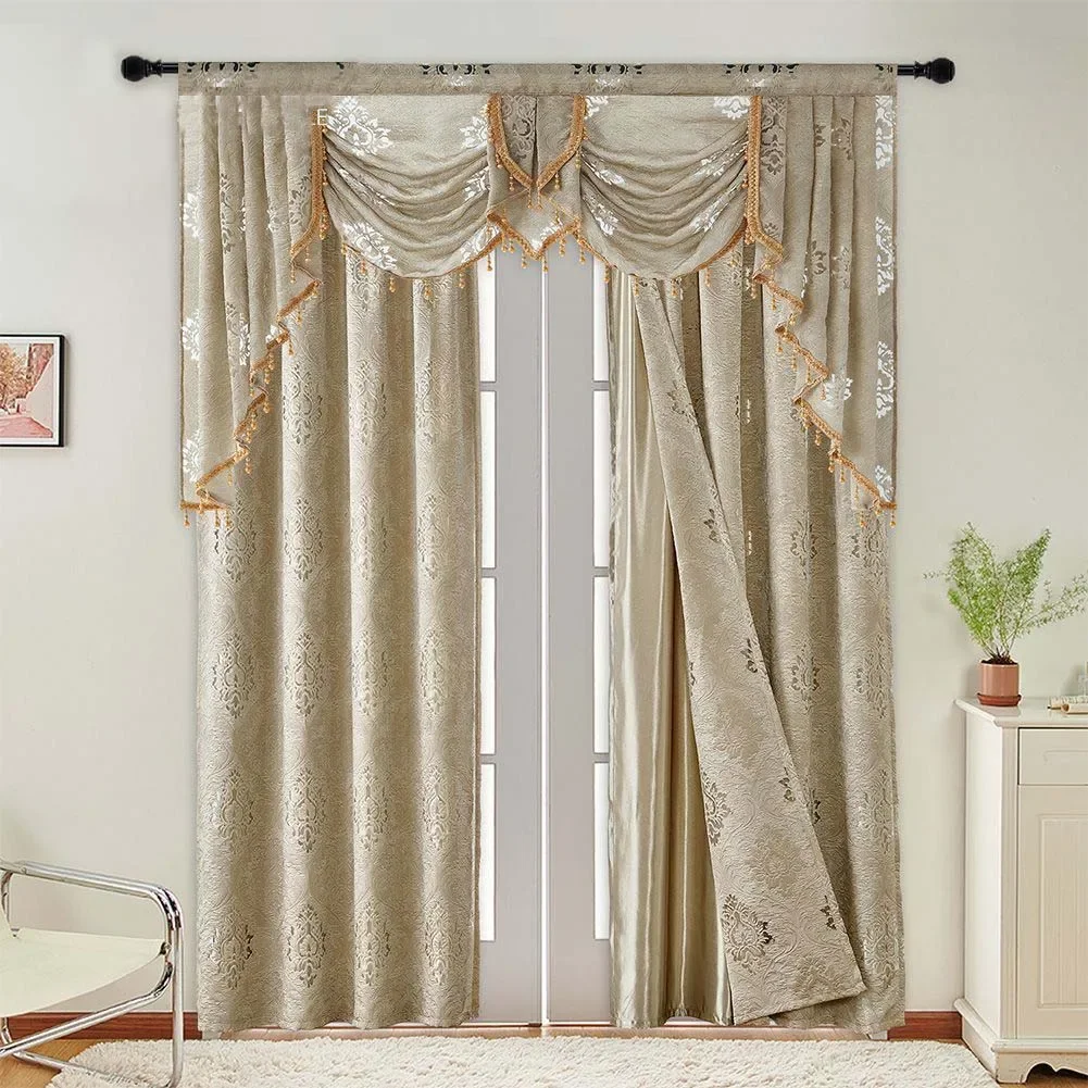 Beige Luxury Jacquard Curtain for Living Room with Valance,  European Style Thick Blackout Valance Curtain Drapes