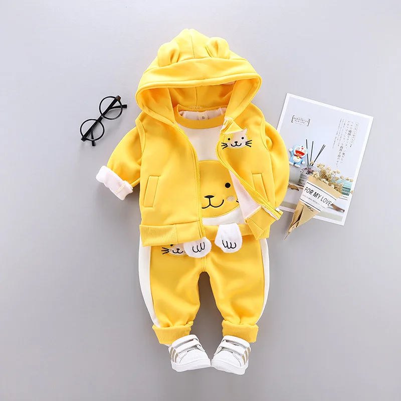 Conjunto de ropa para bebé, traje grueso y cálido de algodón, suéter con capucha de dibujos animados, traje de lana de tres piezas para niño y niña,