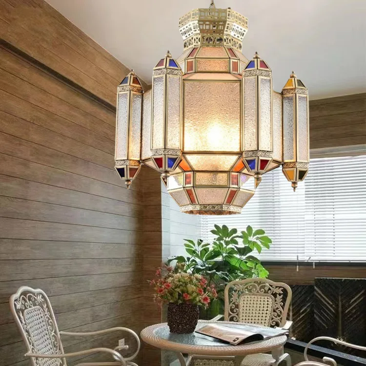 American Retro Colorful Glass LED Pendant Light Polygon Hanging Lamp Personality Living Room Bedroom Hotel Restaurant Chandelier