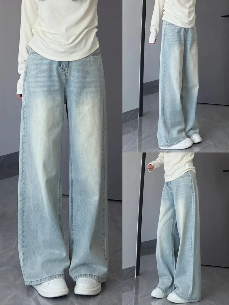 

Джинсы женские с высокой талией, широкими штанинами, из светлого денима, весна 2025, новинка, стройнящие, свободные, маленькие и большие размеры, прямые, струящиеся
