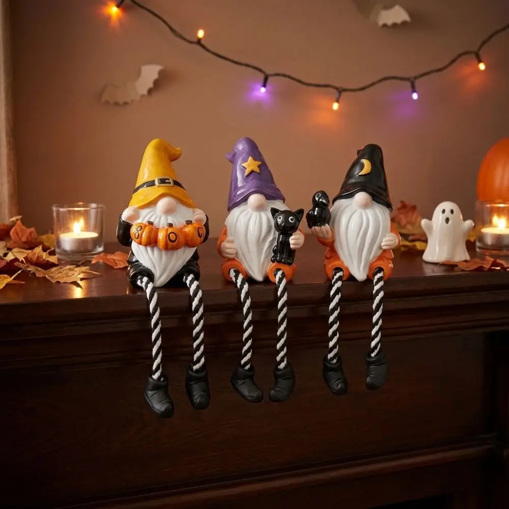 Hand-Painted Halloween Gnome Shelf Sitter Spooky Pumpkin Dangling Leg Gnome Statue Striped Legs Resin