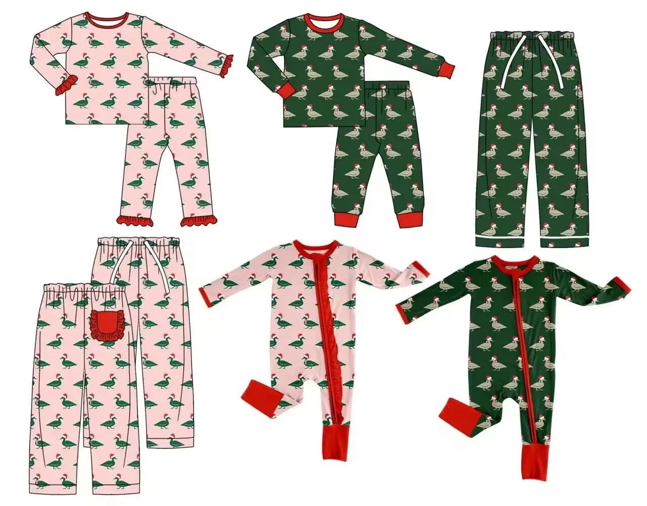 

Autumn Christmas Outfits for Boys and Girls Matching 6-Piece Set Duck Christmas Hat Print Boutique Baby Holiday Outfits for Boys