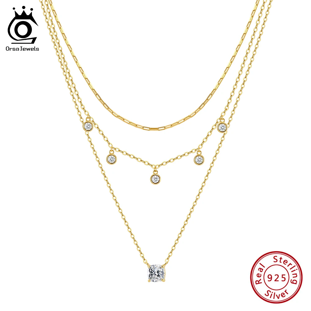 ORSA JEWELS 925 Sterling Silver Zircon Layered Necklace Shiny Stack Pendant Paperclip Chain CZ Beaded Collar Jewelry Gift BQN43