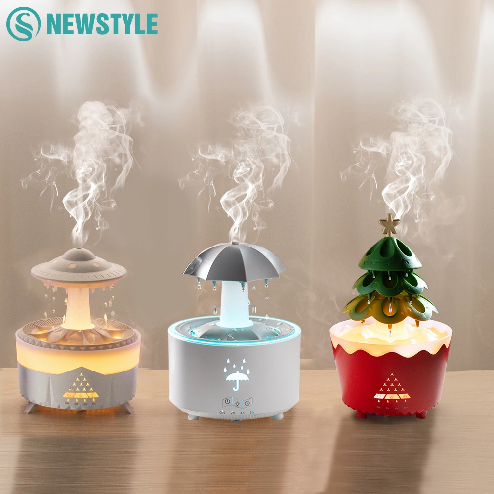 Humidificateur d'air goutte de pluie avec veilleuses méduses, diffuseur de château essentiel, lampe de nuit rotative, silencieux, télécommande sans fil