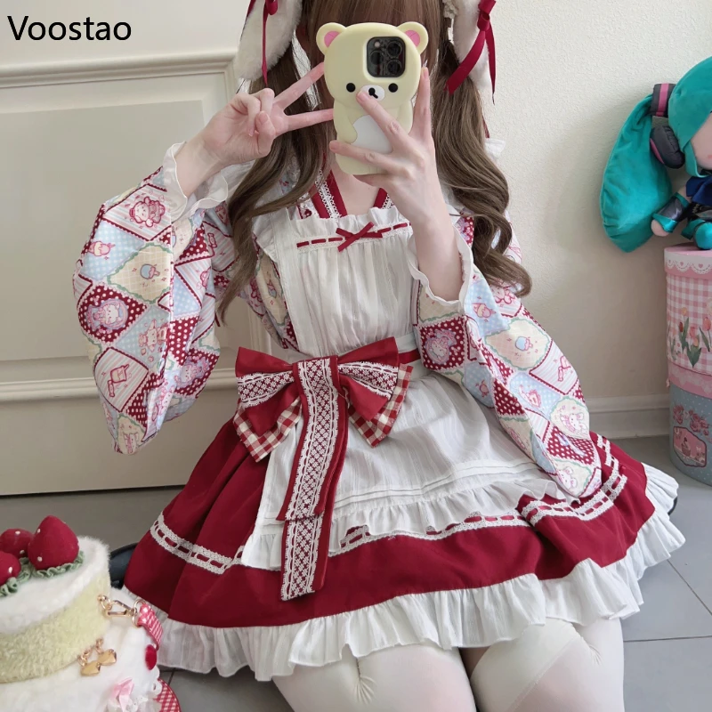 Japanese Sweet Lolita Kimono Dress Women Kawaii Cartoon Print Bow Apron Maid Cosplay Costumes Girls Vintage Animation Show Dress