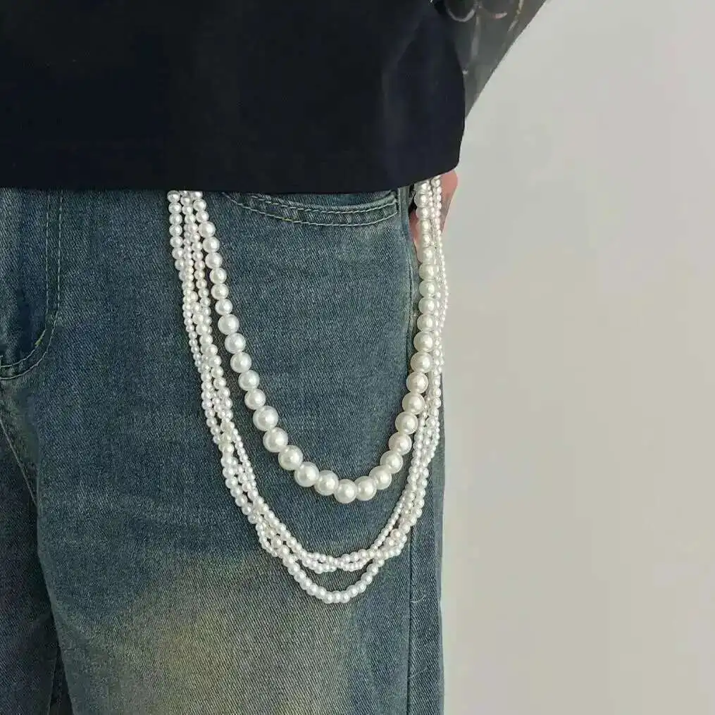 Salircon موضة متعدد الطبقات تقليد اللؤلؤ حزام السراويل سلسلة الرجال 2025 جديد ارتداء اليومي مفتاح المحفظة ملحقات السلسلة مجوهرات #2