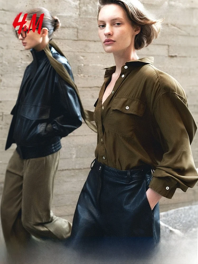 

Повседневная женская рубашка H&M, лето 2026, вискоза, новый стиль, свободный крой, длинный рукав, с пуговицами, воротник с декоративными элементами