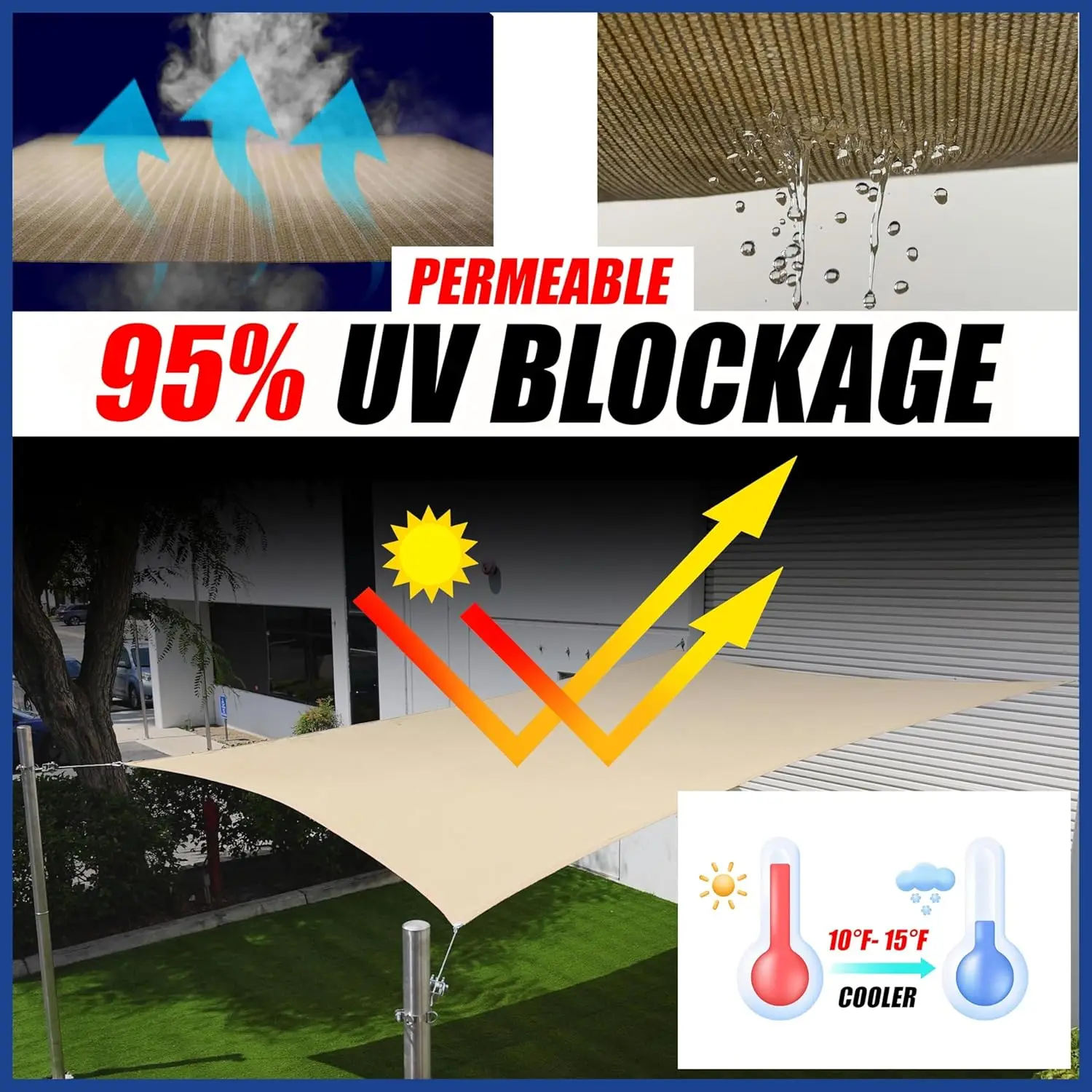 10' x 10' x 14.1' Beige Triangle Sun Shade Sail SMTAPRT10, Water Permeable & UV Block, Heavy Duty, Easy Install & Durable for Pa