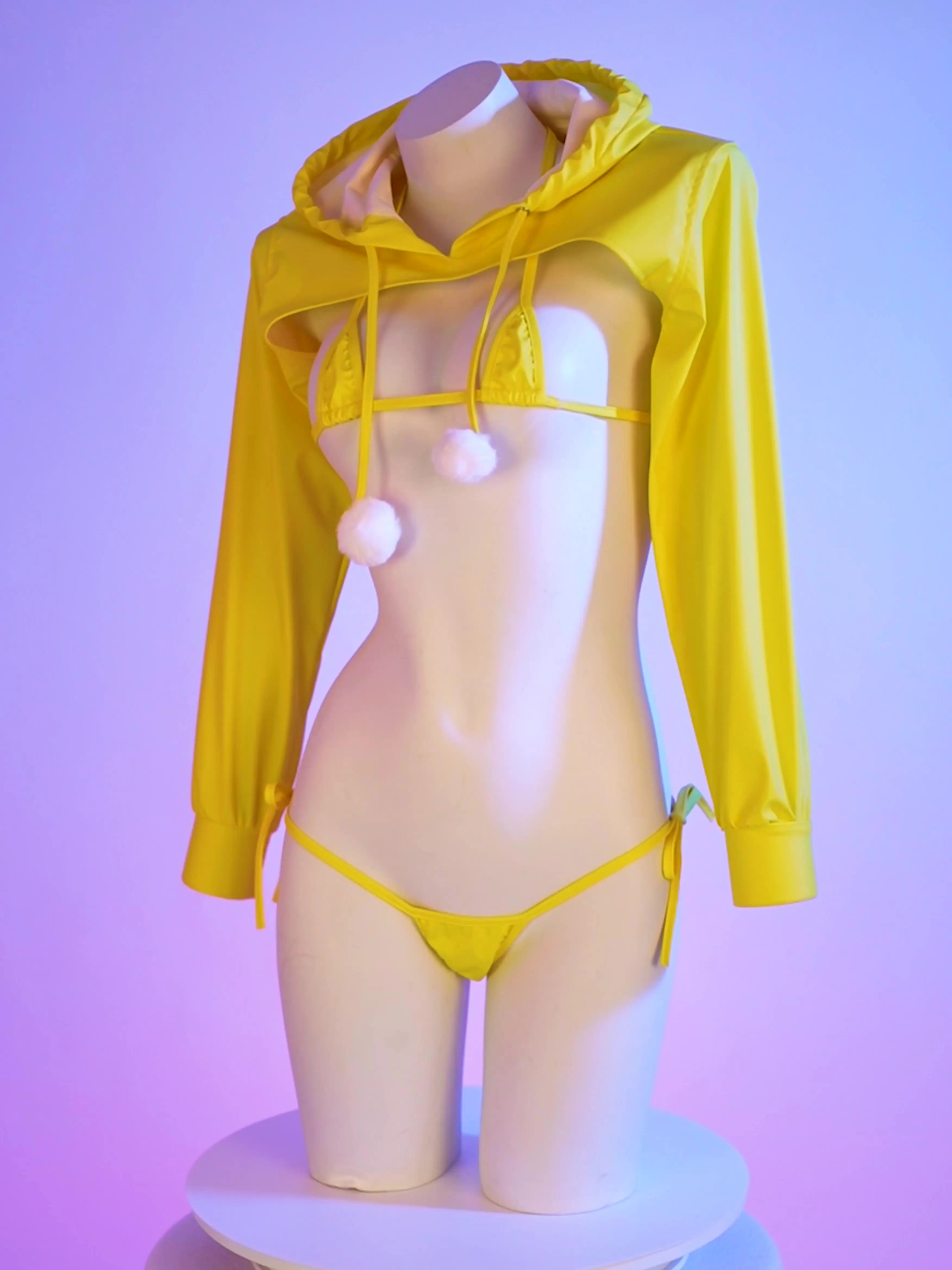 Japanese Anime Girl Yellow Pu Leather Bikini Set Hoodie Top Cosplay Costume Sexy Girl Underwear Nightgown Role Play Outfits