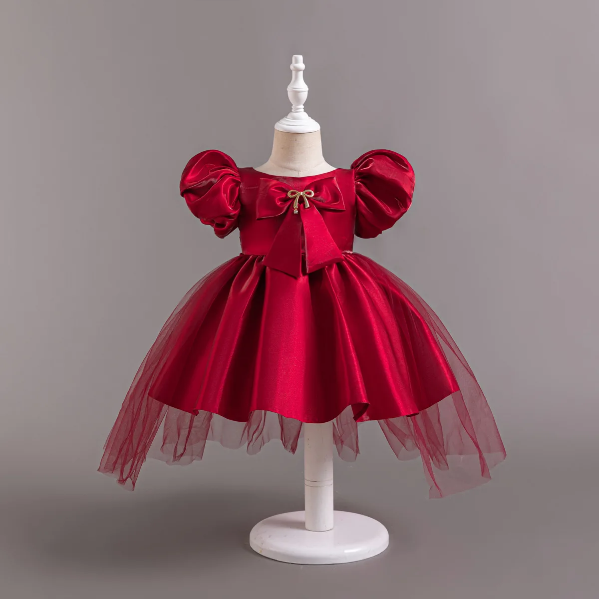 

Girl Ruffled Sleeve Bow Princess Dress Kid Elegant Formal Gown Banquet Dress Children Performance Tulle Puff Skirt Baby Clothing